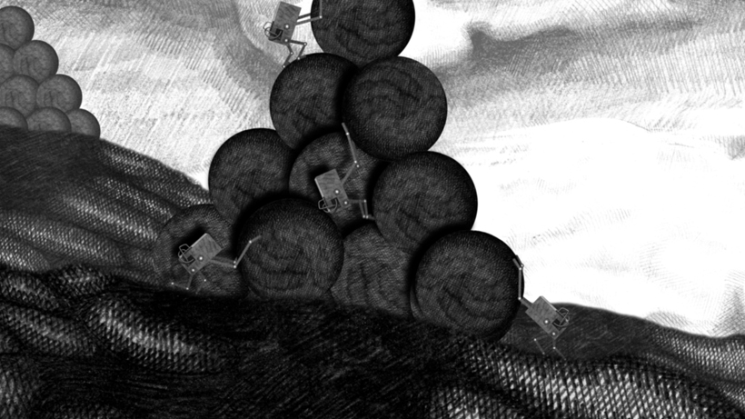 screen shot from Foodstuffs of pencil drawn automatons building a pile of food